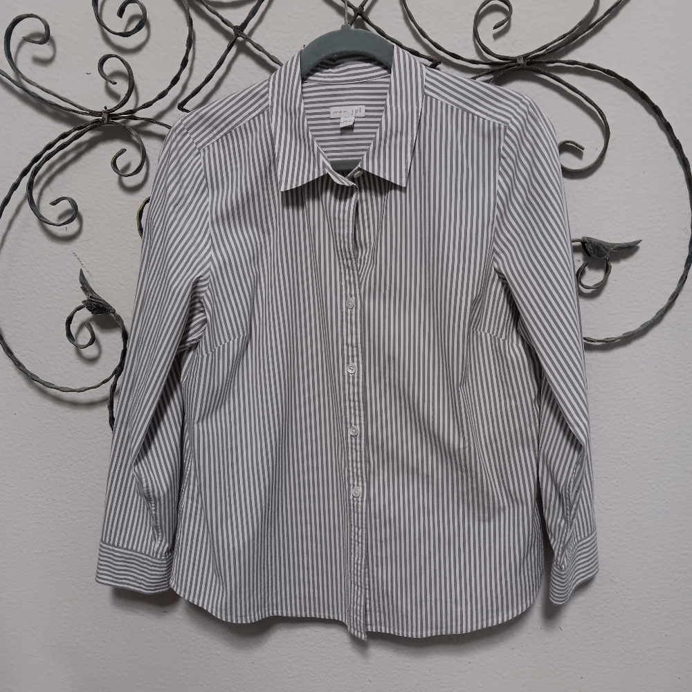 J. JILL Perfect Shirt gray white striped stretch cotton blend button down, L